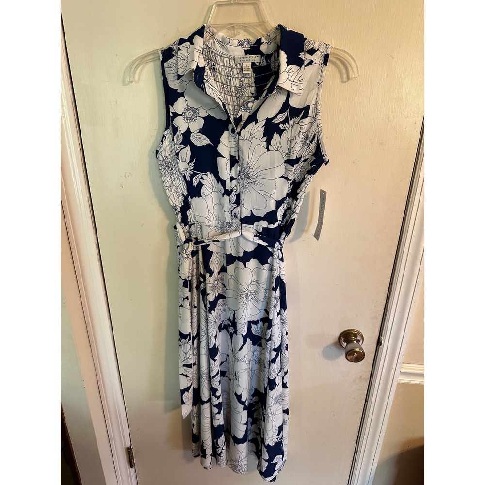 London Style Collection Navy Ivory Floral Sleeveless Midi Shirt Dress Size 6 NWT